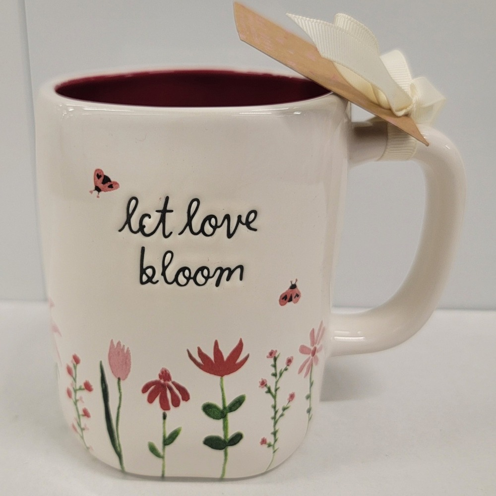 Rae Dunn Let Love Bloom Coffee Mug Floral Ladybugs Red Interior‎ Magenta Artisan